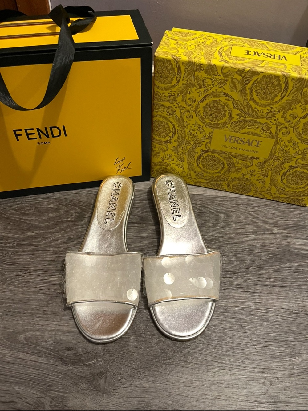 Slide Sandals with Clear Sequin Strap